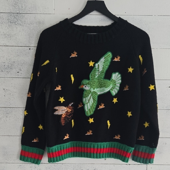 Gucci Black Sweater with Green Bird and Red Accents - Picture 1 of 5